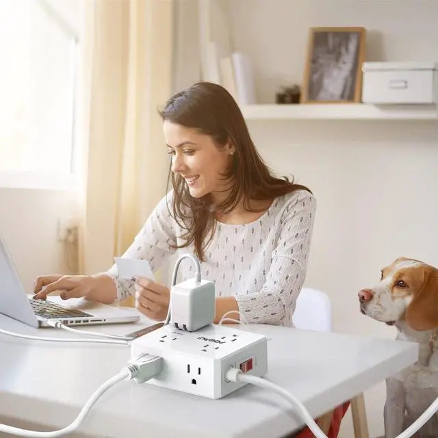 Alt view image 3 of 7 - Surge Protector Power Strip - 6 Ft Flat Plug Extension Cord with 8 Widely Outlets and 4 USB Ports(1 USB C), 3 Side Outlet Extender for Home Office, White, ETL Listed