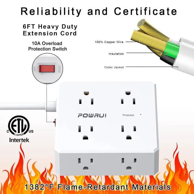 Alt view image 5 of 7 - Surge Protector Power Strip - 6 Ft Flat Plug Extension Cord with 8 Widely Outlets and 4 USB Ports(1 USB C), 3 Side Outlet Extender for Home Office, White, ETL Listed