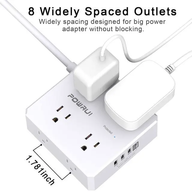Alt view image 6 of 7 - Surge Protector Power Strip - 6 Ft Flat Plug Extension Cord with 8 Widely Outlets and 4 USB Ports(1 USB C), 3 Side Outlet Extender for Home Office, White, ETL Listed