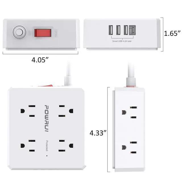 Alt view image 7 of 7 - Surge Protector Power Strip - 6 Ft Flat Plug Extension Cord with 8 Widely Outlets and 4 USB Ports(1 USB C), 3 Side Outlet Extender for Home Office, White, ETL Listed