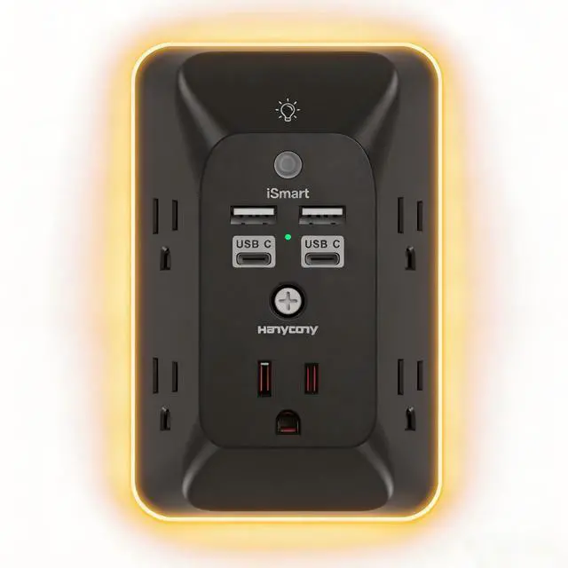 Main image of Outlet Extender with Night Light, Multi Plug Outlet Splitter, USB Wall Charger Surge Protector with 4 USB Ports (2 USB C), 5 Widely Spaced AC Outlets, Expander for Home Dorm Room, Black, ETL Listed