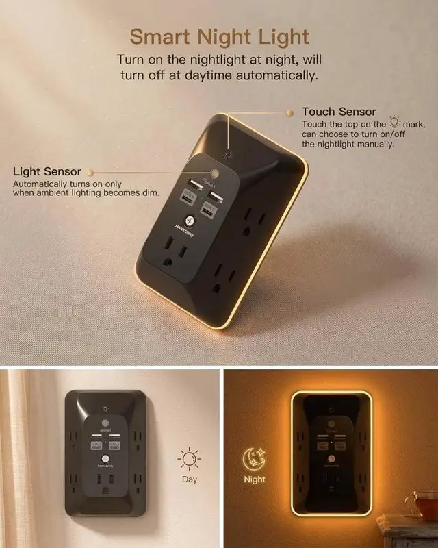 Alt view image 3 of 7 - Outlet Extender with Night Light, Multi Plug Outlet Splitter, USB Wall Charger Surge Protector with 4 USB Ports (2 USB C), 5 Widely Spaced AC Outlets, Expander for Home Dorm Room, Black, ETL Listed