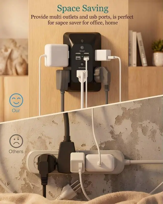 Alt view image 6 of 7 - Outlet Extender with Night Light, Multi Plug Outlet Splitter, USB Wall Charger Surge Protector with 4 USB Ports (2 USB C), 5 Widely Spaced AC Outlets, Expander for Home Dorm Room, Black, ETL Listed