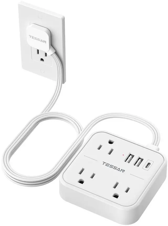Main image of Ultra Thin Flat Extension Cord 5 FT, Slim Power Strip with USB Ports (1 USB C), Surge Protector Flat Plug Wall Charger with 3 Outlets for Office, School, Dorm Room Essentials, White