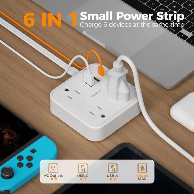 Alt view image 2 of 6 - Ultra Thin Flat Extension Cord 5 FT, Slim Power Strip with USB Ports (1 USB C), Surge Protector Flat Plug Wall Charger with 3 Outlets for Office, School, Dorm Room Essentials, White