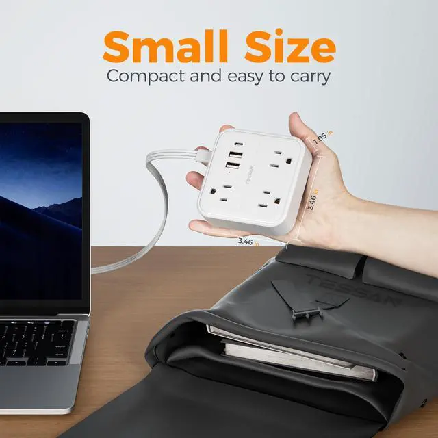 Alt view image 3 of 6 - Ultra Thin Flat Extension Cord 5 FT, Slim Power Strip with USB Ports (1 USB C), Surge Protector Flat Plug Wall Charger with 3 Outlets for Office, School, Dorm Room Essentials, White