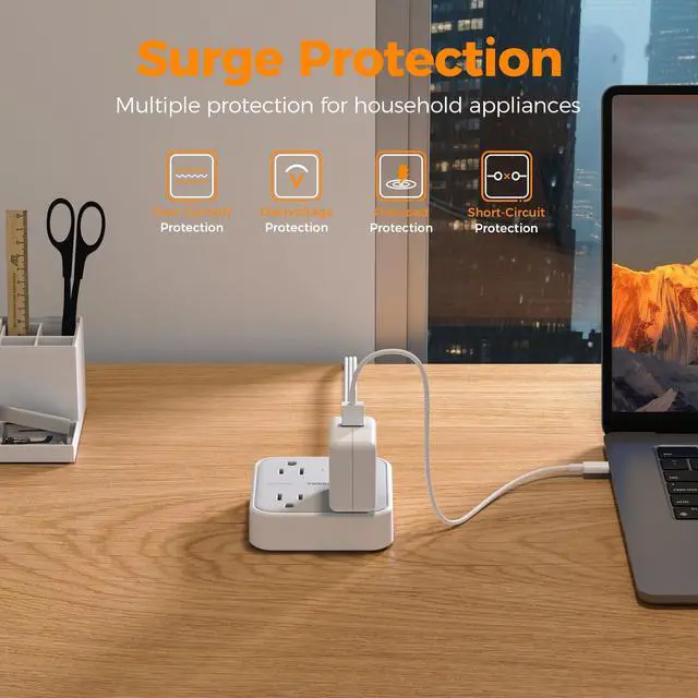 Alt view image 4 of 6 - Ultra Thin Flat Extension Cord 5 FT, Slim Power Strip with USB Ports (1 USB C), Surge Protector Flat Plug Wall Charger with 3 Outlets for Office, School, Dorm Room Essentials, White