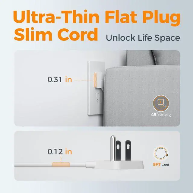 Alt view image 5 of 6 - Ultra Thin Flat Extension Cord 5 FT, Slim Power Strip with USB Ports (1 USB C), Surge Protector Flat Plug Wall Charger with 3 Outlets for Office, School, Dorm Room Essentials, White