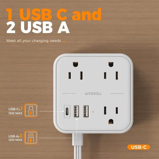 Alt view image 6 of 6 - Ultra Thin Flat Extension Cord 5 FT, Slim Power Strip with USB Ports (1 USB C), Surge Protector Flat Plug Wall Charger with 3 Outlets for Office, School, Dorm Room Essentials, White