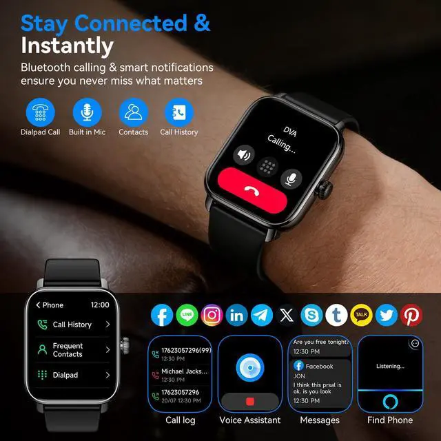Alt view image 2 of 7 - Smart Watches for Men Women with Alexa Built-in, Bluetooth Call, 1.85" HD Touchscreen, 120+ Sport Modes, IP68 Waterproof, 7-Day Battery, 24/7 Heart Rate & Sleep Monitor for Android iPhone (Black)