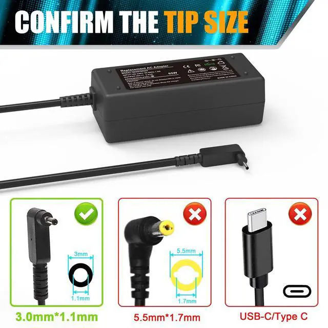 Alt view image 2 of 7 - 19V 3.42A 65W AC Adapter Laptop Charger Rreplacement for Acer Chromebook 11 13 14 15 R11 CB3 CB5 C740 C720 C720p C738T C731 CB3-532 CB3-131 CB3-531 CB5-311 CB5-571 CB5-132T PA-1650-80 Power Cord