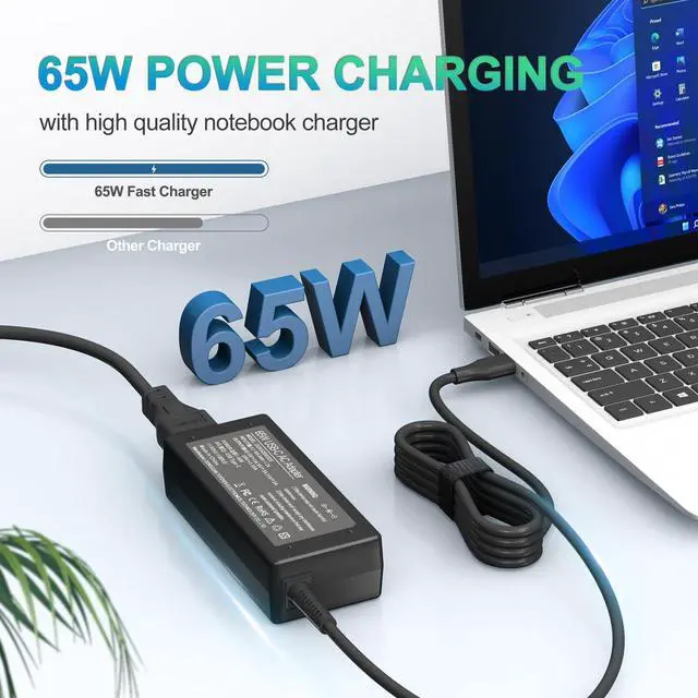 Alt view image 2 of 7 - 65W USB C Laptop Charger HP Chromebook Type C Power Cord