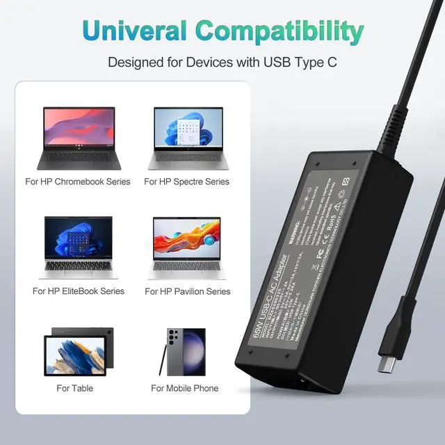 Alt view image 4 of 7 - 65W USB C Laptop Charger HP Chromebook Type C Power Cord