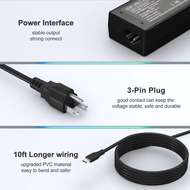 Alt view image 6 of 7 - 65W USB C Laptop Charger HP Chromebook Type C Power Cord