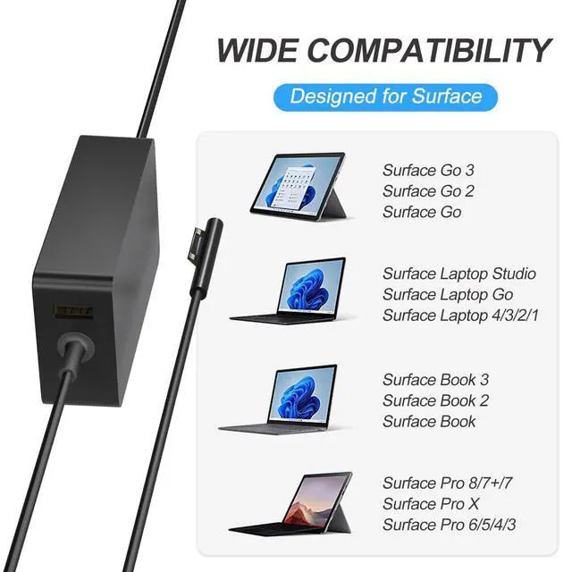 Alt view image 3 of 7 - 65W Surface Pro Laptop Charger-for Microsoft Surface Pro Charger Windows Surface Laptop 7,6,5,4,3,2,for Microsoft Surface Pro10,9,8,7+,7,6,5,4,3,X,Surface Book3,2,1,Surface Go Tablet,Support 44W,10FT