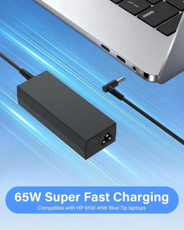 Alt view image 2 of 7 - Charger Compatible with HP Laptop Computer 65W 45W Smart Blue Tip 4.5mm | Compatible with HP Pavilion x360 14/15/17, Envy 13/15, EliteBook ProBook Chromebook Stream Spectre |19.5V 3.33A 710412-001