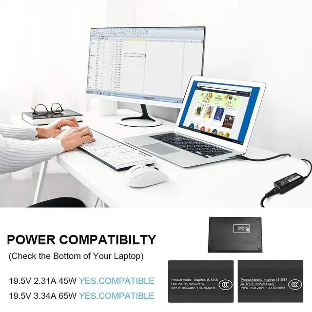Alt view image 5 of 7 - Charger Compatible with Dell Laptop Computer 65W 45W Round Tip Power Adapter