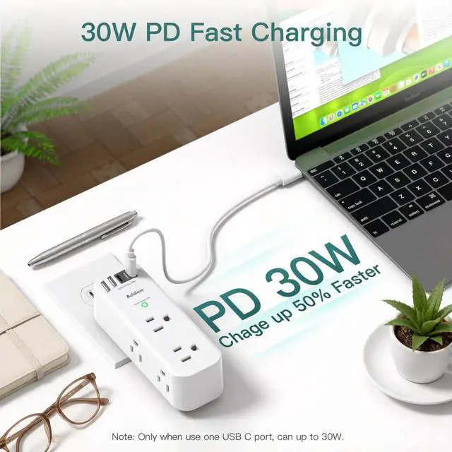 Alt view image 3 of 7 - 30W USB C Outlet Extender Surge Protector, Rotating Plug, 6 AC Outlets Splitter, 4 USB Ports (2 USB-C), 1800J Wall Mount Power Strip, 3-Side Multi Plug for Dorm, Travel Essentials