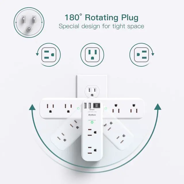 Alt view image 4 of 7 - 30W USB C Outlet Extender Surge Protector, Rotating Plug, 6 AC Outlets Splitter, 4 USB Ports (2 USB-C), 1800J Wall Mount Power Strip, 3-Side Multi Plug for Dorm, Travel Essentials