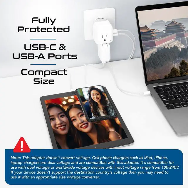 Alt view image 3 of 7 - China, Malaysia Power Adapter Travel Set, 20W PD & QC, Safe Dual USB & USB-C 3.1A2 USA Outlet - Compact-Use in Hong Kong, Kuwait, Singapore, Iraq - Includes Type G, I, C SWadAPt Attachments
