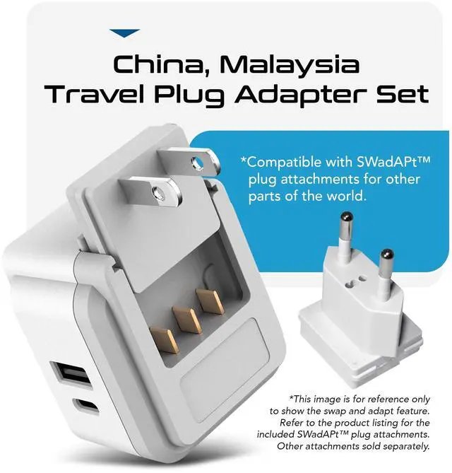 Alt view image 5 of 7 - China, Malaysia Power Adapter Travel Set, 20W PD & QC, Safe Dual USB & USB-C 3.1A2 USA Outlet - Compact-Use in Hong Kong, Kuwait, Singapore, Iraq - Includes Type G, I, C SWadAPt Attachments