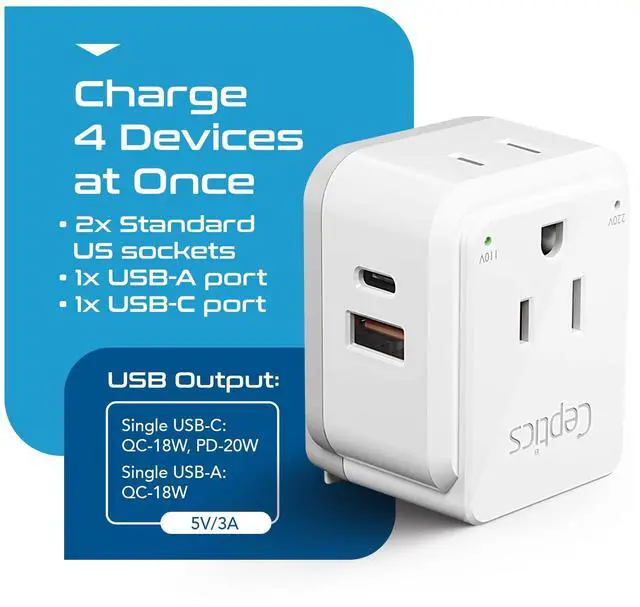 Alt view image 6 of 7 - China, Malaysia Power Adapter Travel Set, 20W PD & QC, Safe Dual USB & USB-C 3.1A2 USA Outlet - Compact-Use in Hong Kong, Kuwait, Singapore, Iraq - Includes Type G, I, C SWadAPt Attachments