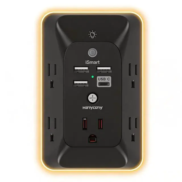 Main image of Outlet Extender with Night Light, Multi Plug Outlet Splitter, USB Wall Charger Surge Protector with 4 USB Ports (1 USB C), 5 Widely Spaced AC Outlets, Expander for Home, Dorm Room Essentials, Black