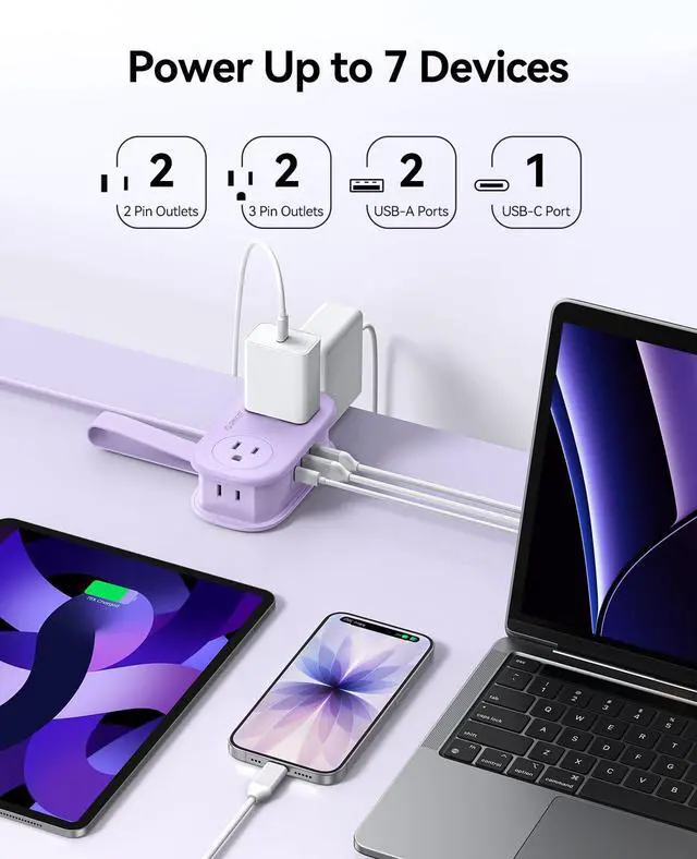 Alt view image 2 of 7 - Purple Travel Power Strip PD20W with 4 AC Outlets 3 USB Ports (1 USB-C), 4FT Flat Plug Extension Cord, Compact Portable Design for Business Travel, Cruise Ship Essentials-AP3
