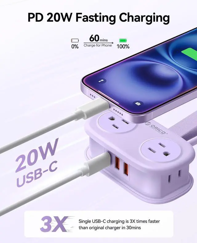 Alt view image 3 of 7 - Purple Travel Power Strip PD20W with 4 AC Outlets 3 USB Ports (1 USB-C), 4FT Flat Plug Extension Cord, Compact Portable Design for Business Travel, Cruise Ship Essentials-AP3