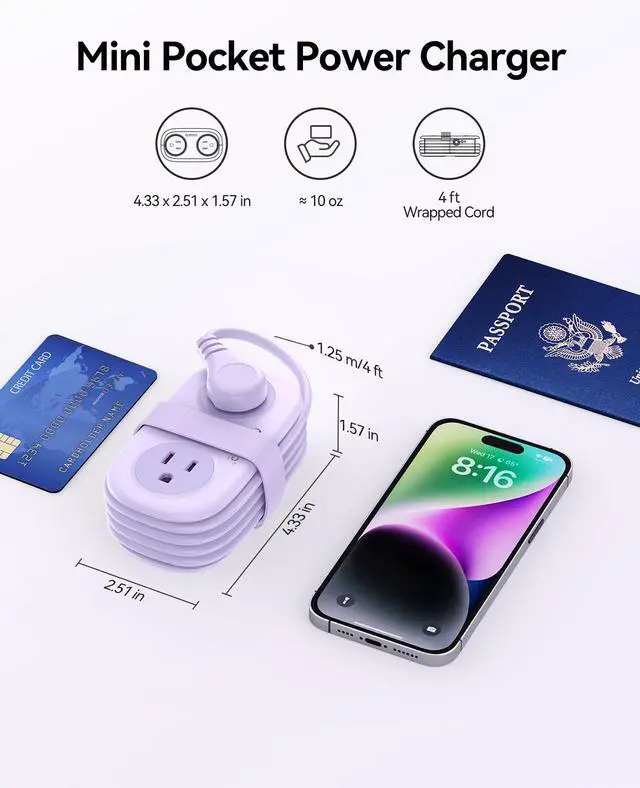 Alt view image 4 of 7 - Purple Travel Power Strip PD20W with 4 AC Outlets 3 USB Ports (1 USB-C), 4FT Flat Plug Extension Cord, Compact Portable Design for Business Travel, Cruise Ship Essentials-AP3