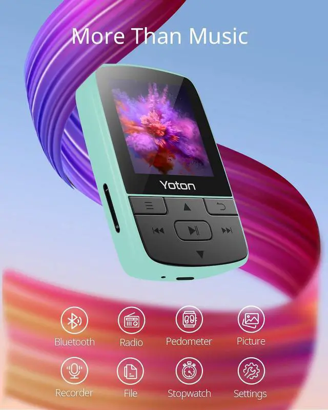 Alt view image 2 of 6 - MP3 Player with Bluetooth 5.2, Expandable to 64GB, HiFi-Music, with Sports Clip, Earphones Included, Green(No Built-in Storage No TF Card Included Insert Card to Use)