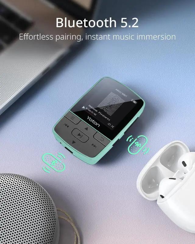 Alt view image 5 of 6 - MP3 Player with Bluetooth 5.2, Expandable to 64GB, HiFi-Music, with Sports Clip, Earphones Included, Green(No Built-in Storage No TF Card Included Insert Card to Use)