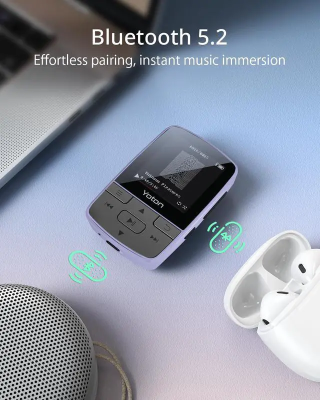 Alt view image 4 of 5 - MP3 Player with Bluetooth 5.2, Expandable to 64GB, Mini Size, HiFi Music, with Sports Clip, FM Radio, Includes Headphones, Purple(No TF Card Included Insert Card to Use)