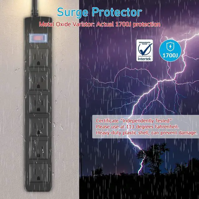Alt view image 3 of 7 - Outdoor Power Strip Waterproof with 6 Outlets, Garden Weatherproof Surge Protector, Christmas Multiple Outlet Exterior Socket for Lighting Appliances. 10FT Extension Cord Strip with Flat Plug. Black