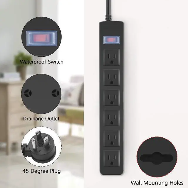 Alt view image 6 of 7 - Outdoor Power Strip Waterproof with 6 Outlets, Garden Weatherproof Surge Protector, Christmas Multiple Outlet Exterior Socket for Lighting Appliances. 10FT Extension Cord Strip with Flat Plug. Black