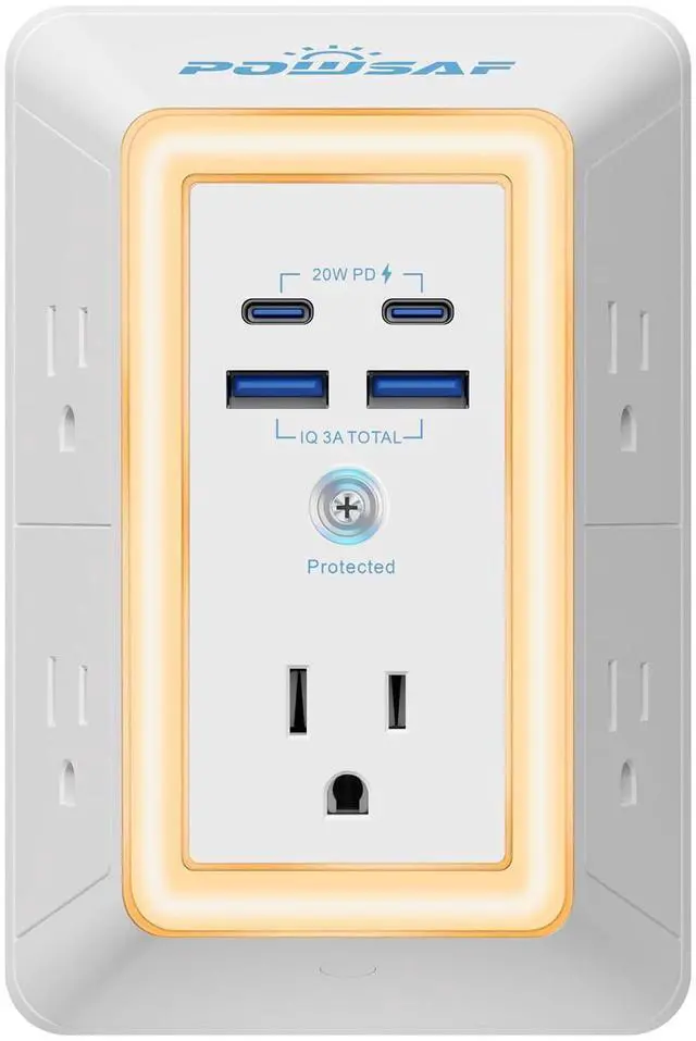 Main image of Multi Plug Outlet Surge Protector - 5 Outlet Extender with 4 USB Ports(2 USB-C PD 20W) and Night Light, 3-Sided Power Strip with Adapter Spaced Outlets - ETL, White
