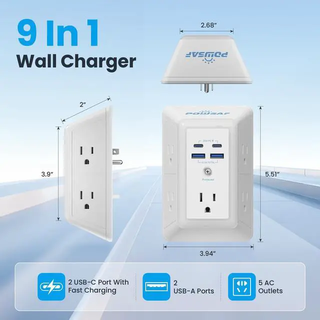 Alt view image 2 of 7 - Multi Plug Outlet Surge Protector - 5 Outlet Extender with 4 USB Ports(2 USB-C PD 20W) and Night Light, 3-Sided Power Strip with Adapter Spaced Outlets - ETL, White