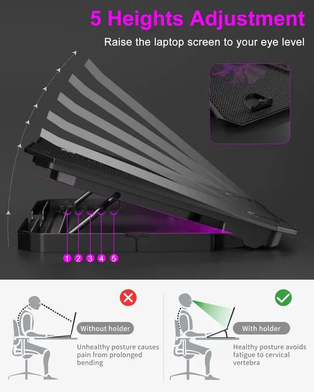 Alt view image 3 of 6 - Upgrade Laptop Cooling Pad, Laptop Cooler 2 Fans for 10-15.6 Inch Laptops, 5 Height Stands, 2 USB Ports (S039-Purple)