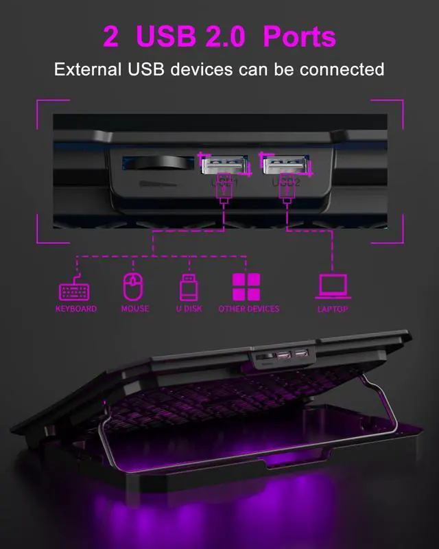 Alt view image 5 of 6 - Upgrade Laptop Cooling Pad, Laptop Cooler 2 Fans for 10-15.6 Inch Laptops, 5 Height Stands, 2 USB Ports (S039-Purple)