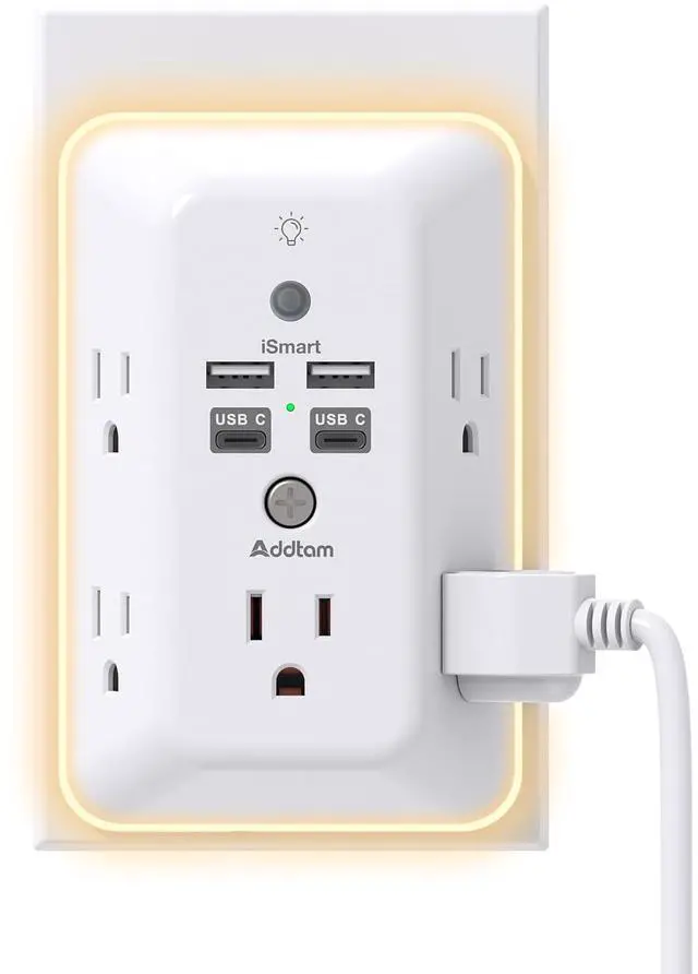 Main image of Surge Protector Outlet Extender, Plug Extension Outlet with Night Light, 5-Outlet Splitter and 4 USB Ports(2 USB C), Multi Plug Wall Outlet for Home Office Dorm Room Essentials