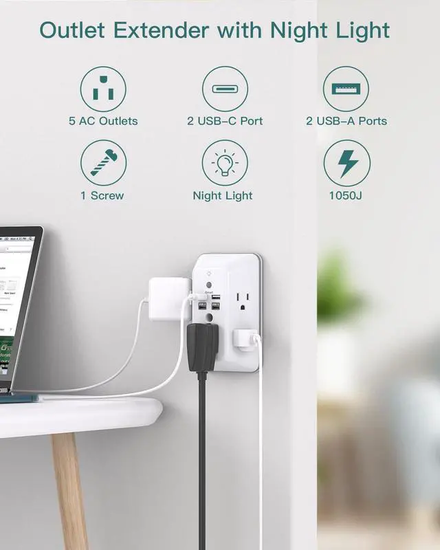 Alt view image 2 of 7 - Surge Protector Outlet Extender, Plug Extension Outlet with Night Light, 5-Outlet Splitter and 4 USB Ports(2 USB C), Multi Plug Wall Outlet for Home Office Dorm Room Essentials