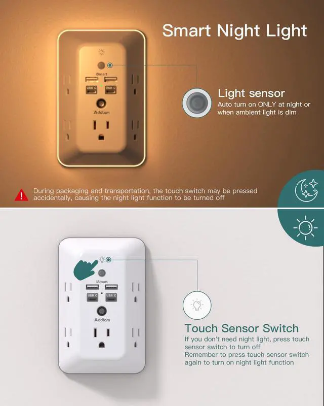 Alt view image 3 of 7 - Surge Protector Outlet Extender, Plug Extension Outlet with Night Light, 5-Outlet Splitter and 4 USB Ports(2 USB C), Multi Plug Wall Outlet for Home Office Dorm Room Essentials