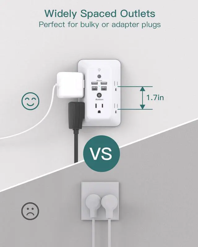 Alt view image 6 of 7 - Surge Protector Outlet Extender, Plug Extension Outlet with Night Light, 5-Outlet Splitter and 4 USB Ports(2 USB C), Multi Plug Wall Outlet for Home Office Dorm Room Essentials