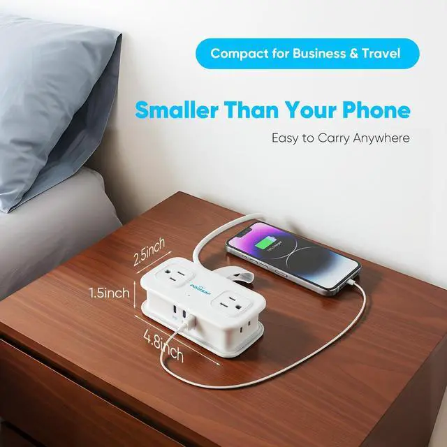 Alt view image 2 of 6 - Cruise Essentials, 4 Ft Travel Power Strip with 4 Outlets and 3 USB Ports (2 USB C), Non Surge Protector for Cruise Ship, Travel Essentials, Home Office, ETL Listed, White
