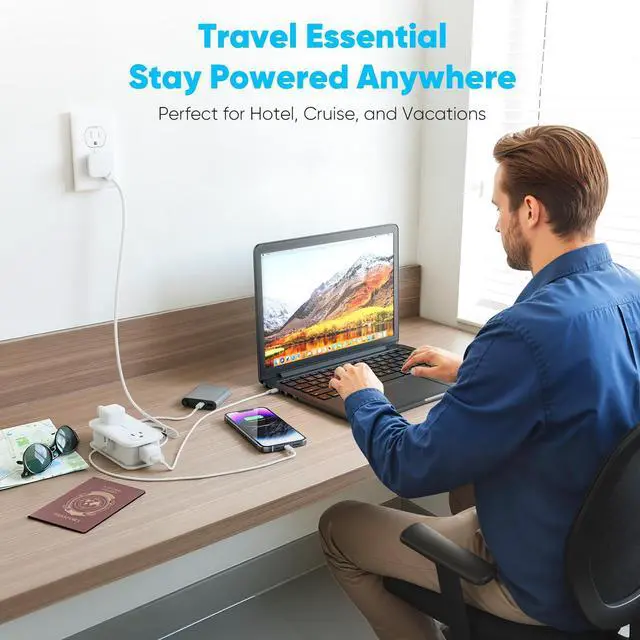 Alt view image 4 of 6 - Cruise Essentials, 4 Ft Travel Power Strip with 4 Outlets and 3 USB Ports (2 USB C), Non Surge Protector for Cruise Ship, Travel Essentials, Home Office, ETL Listed, White