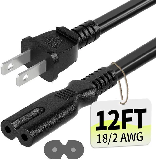 Main image of 2 Prong AC Power Cord 12Ft Black, Universal Power Cable Replacement for Sony PS5/PS4/PS3 Slim, PlayStation 5 4 3, Xbox One X/S, Xbox Series X/S, TV, Printer-ETL Listed