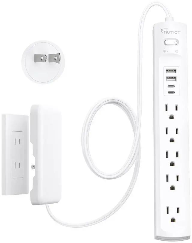 Main image of 2 Prong Power Strip, 2 Prong to 3 Prong Outlet Adapter, Flat Extension Cord with Outlet Cover 10FT, 5-Outlet & 4 USB Ports, 1440J Surge Protector, Wall Mountable, Ideal for Old House, White