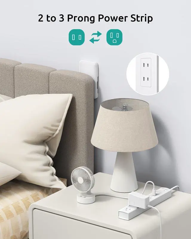 Alt view image 2 of 7 - 2 Prong Power Strip, 2 Prong to 3 Prong Outlet Adapter, Flat Extension Cord with Outlet Cover 10FT, 5-Outlet & 4 USB Ports, 1440J Surge Protector, Wall Mountable, Ideal for Old House, White