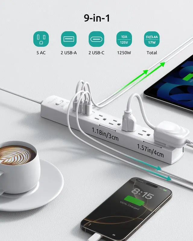 Alt view image 3 of 7 - 2 Prong Power Strip, 2 Prong to 3 Prong Outlet Adapter, Flat Extension Cord with Outlet Cover 10FT, 5-Outlet & 4 USB Ports, 1440J Surge Protector, Wall Mountable, Ideal for Old House, White