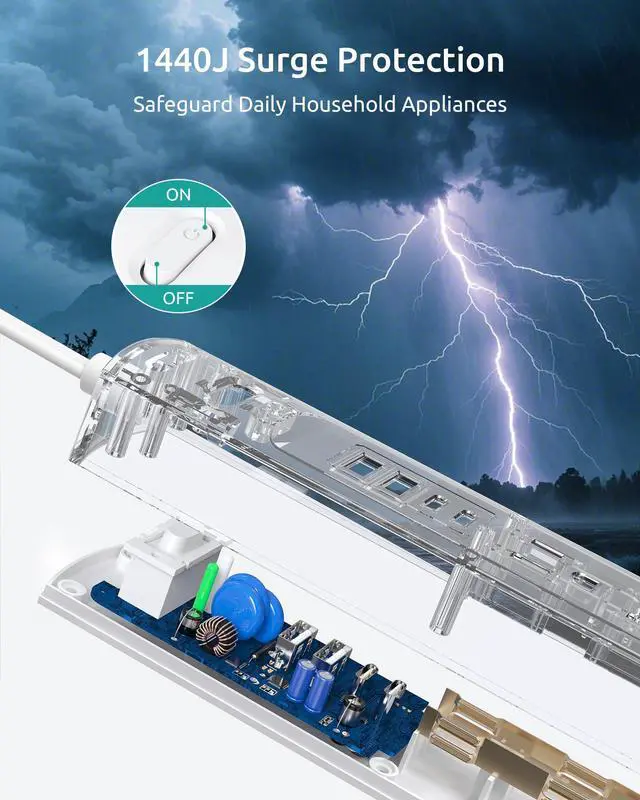 Alt view image 7 of 7 - 2 Prong Power Strip, 2 Prong to 3 Prong Outlet Adapter, Flat Extension Cord with Outlet Cover 10FT, 5-Outlet & 4 USB Ports, 1440J Surge Protector, Wall Mountable, Ideal for Old House, White